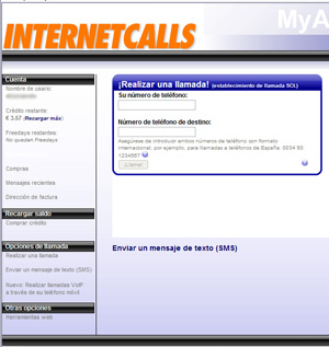 interfaz web en esñol de internetcalls